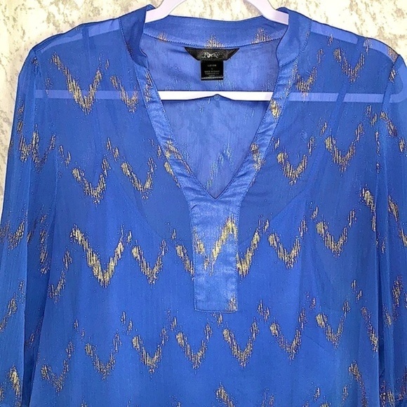 Chiffon Shift Dress Shirt Dress Large V Neck Long Bell Sleeve Blue Gold Rock 47 - Picture 6 of 7